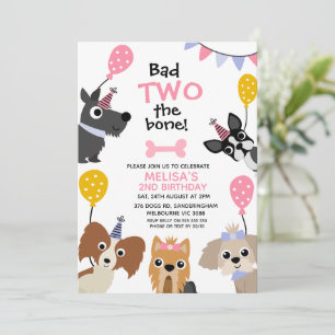 Girls Pink Balloon Bad To The Bone 2nd Birthday Invitation