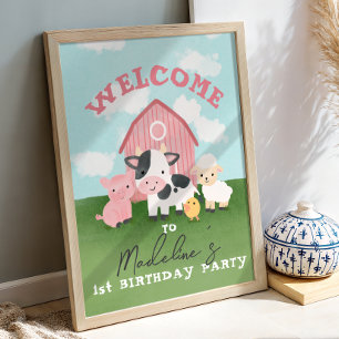 Girls Pink Barnyard Animal 1st Birthday Welcome Poster