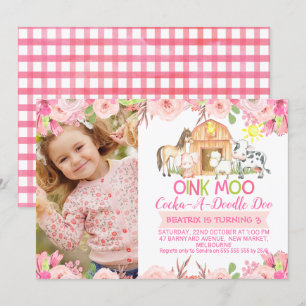 Girls Pink Barnyard Photo birthday invitation