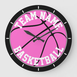 Girls Pink Basketball Custom Team Name or Text Large Clock