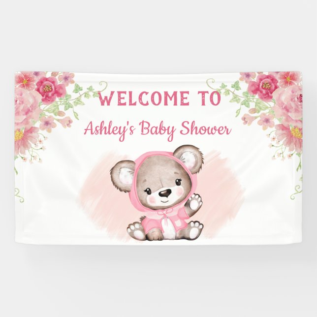  Girls Pink Bear Floral Custom Baby Shower Banner (Horizontal)