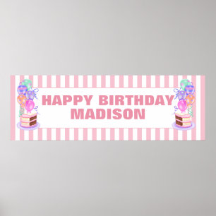 Girls Pink Birthday Cake and Balloon Personalised Poster