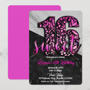 Girls Pink Black Marble Sweet 16 Birthday Party Invitation