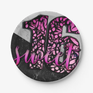 Girls Pink Black Marble Sweet 16 Birthday Party Paper Plate