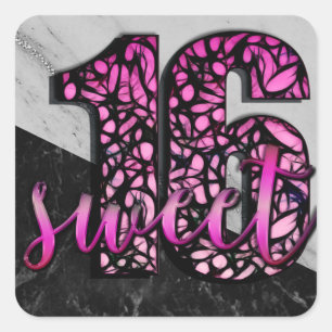 Girls Pink Black Marble Sweet 16 Birthday Party Square Sticker
