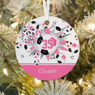 Girls pink black personalized soccer balls stars metal tree decoration