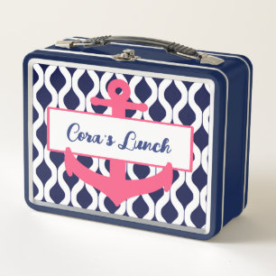Girls Pink, Blue Nautical Anchor Personalised Name Metal Lunch Box