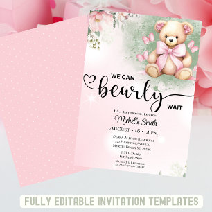 Girls Pink Blush Floral Teddy Bear Baby Shower Invitation