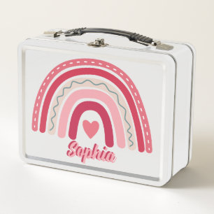 Girls Pink Boho Personalised Rainbow Kids School Metal Lunch Box