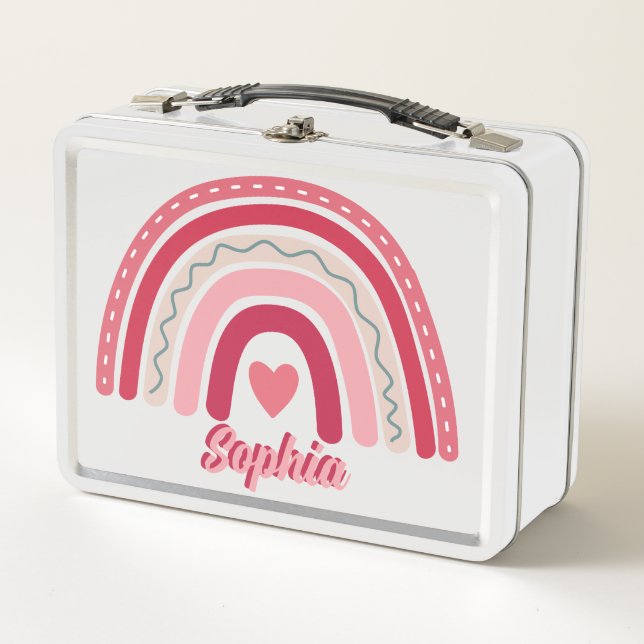 Girls Pink Boho Personalised Rainbow Kids School Metal Lunch Box (Front)