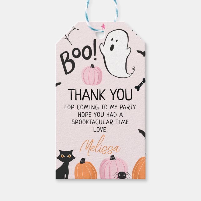 Girls Pink Boo Halloween Birthday Thank You Tag (Front)