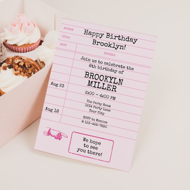 Girls Pink Bookish Book Club Library Card (Library Card Girls Birthday Invitation)