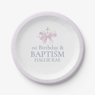 Girls Pink Bow 1st Birthday and Baptism Paper Plate