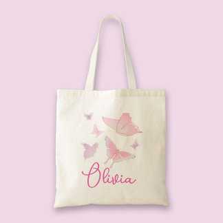 Girls Pink Butterfly Personalised Tote Bag