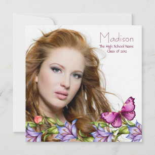Girls Pink Butterfly Wildflowers Photo Graduation  Invitation