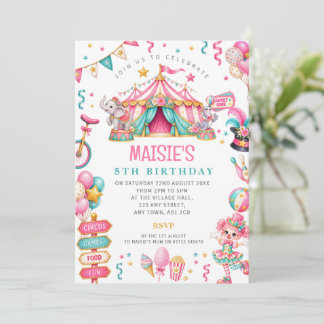 Girls Pink Circus Carnival Birthday Invitation