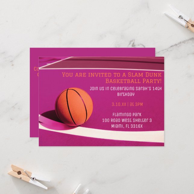 Girls pink court basketball party invitation (Front/Back In Situ)