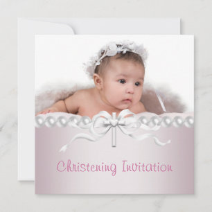 Girls Pink Cross Photo Christening Invitation