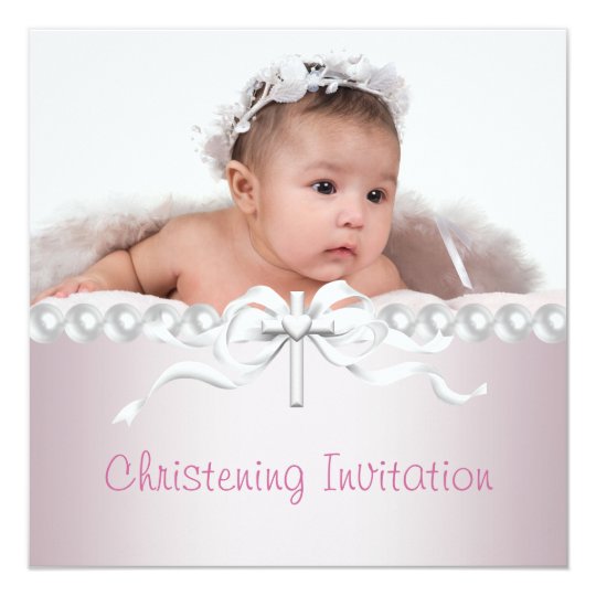 Girls Pink Cross Photo Christening Invitation