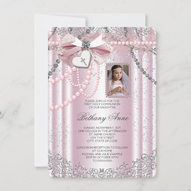 Girls Pink Cross Photo First Communion Invitation (Front)