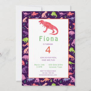 Girls Pink Dinosaur Birthday Watercolor Invitation