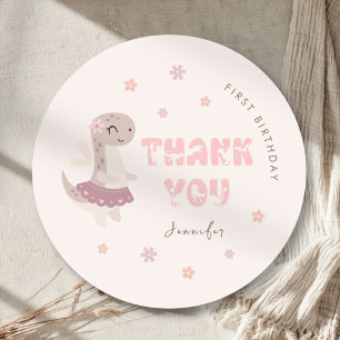 Girls Pink Dinosaur Kids Birthday Classic Round Sticker