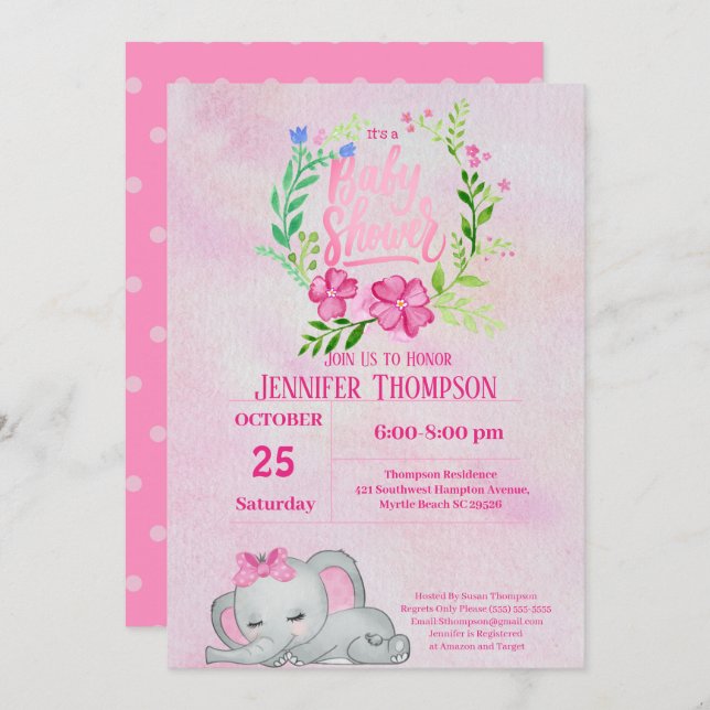 Girls Pink Elephant Baby Shower Invitation (Front/Back)