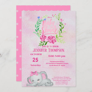 Girls Pink Elephant Baby Shower Invitation