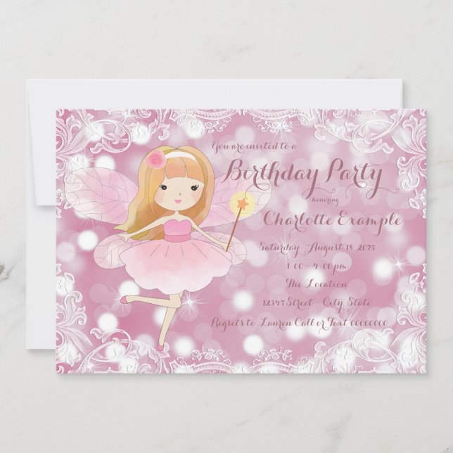 Girls Pink Fairy Princess Birthday Party Invitation (Front)