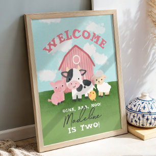 Girls Pink Farm Animal 2nd Birthday Welcome Poster