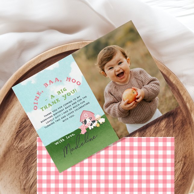 Girls Pink Farm Barnyard Birthday Photo Thank You Card (Creator Uploaded)