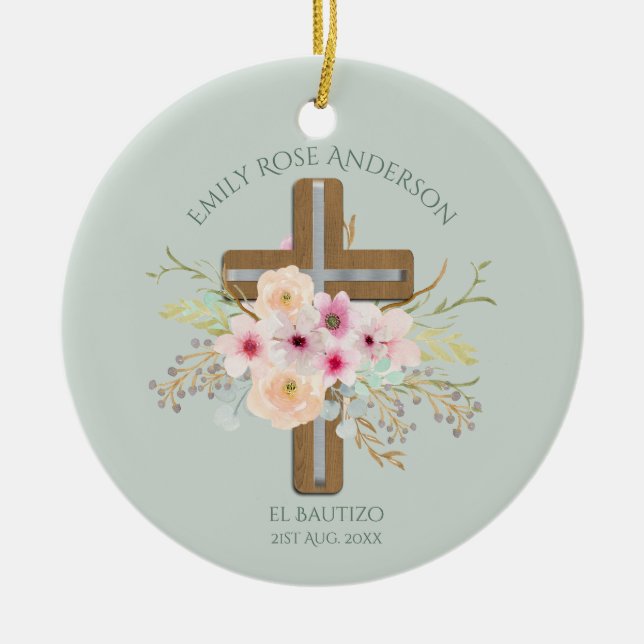 Girls Pink floral BAUTIZO Baptism Bautismo Named Ceramic Ornament (Front)