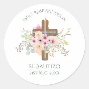 Girls Pink floral BAUTIZO Baptism Bautismo Named Classic Round Sticker