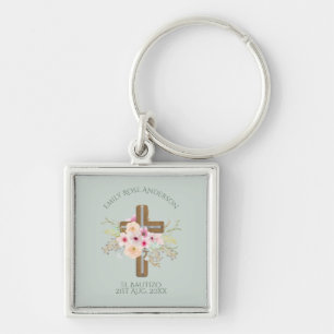 Girls Pink floral BAUTIZO Baptism Bautismo Named Key Ring