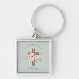 Girls Pink floral BAUTIZO Baptism Bautismo Named Key Ring