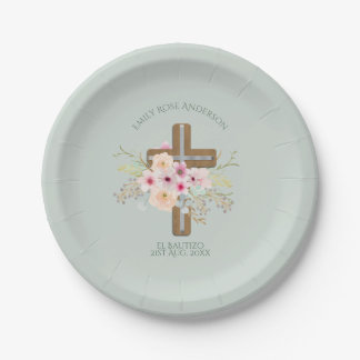 Girls Pink floral BAUTIZO Baptism Bautismo Named Paper Plate