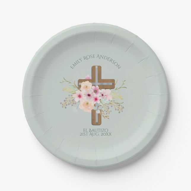 Girls Pink floral BAUTIZO Baptism Bautismo Named Paper Plate (Front)