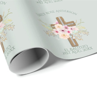 Girls Pink floral BAUTIZO Baptism Bautismo Named Wrapping Paper