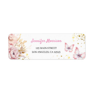 Girls Pink Floral Butterfly Return Address Label