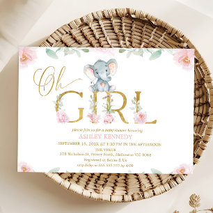 Girls Pink Floral Elephant Baby Shower Invitation