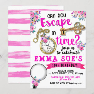Girl's Pink Floral Escape Room Birthday Invitation