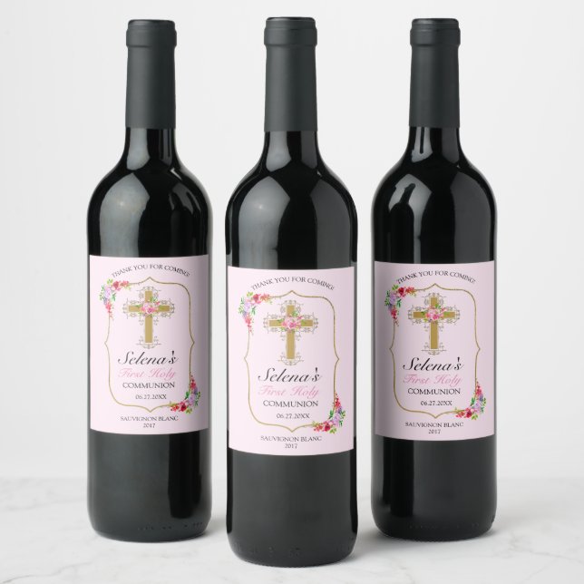 Girls Pink Floral First Holy Communion  Wine Label (Bottles)