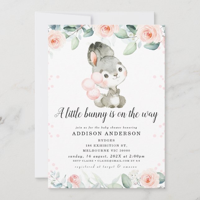 Girls Pink Floral Grey Bunny Baby Shower Invitation (Front)