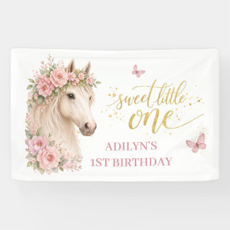Girls Pink Floral Horse 1st Birthday Banner
