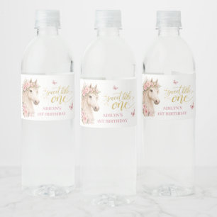 Girls Pink Floral Horse 1st Birthday Water Bottle Label