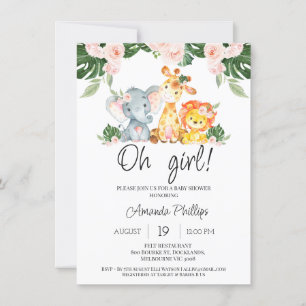 Girls Pink Floral Safari Animals Baby Shower Invitation