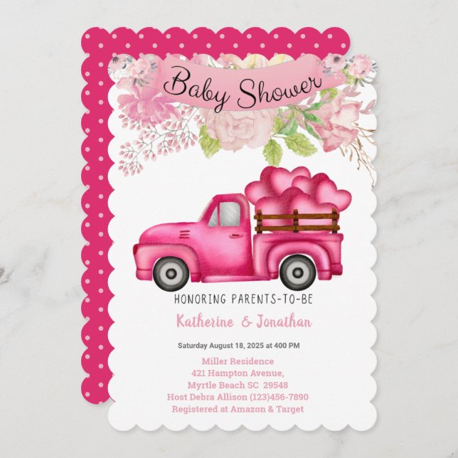 Girls Pink Floral Truckload Hearts Baby Shower   Invitation (Front/Back)