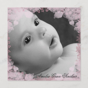 Girls Pink Flower Photo Birth Announcement