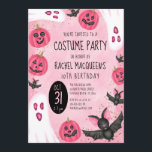 Girl's Pink Ghost Bat Costume Halloween Birthday Invitation<br><div class="desc">This cute and spooky girl's birthday party invitation is perfect for the Halloween season. It features hand-drawn watercolor illustrations including; ghosts, bats, and pumpkin jack o'lanterns on top of faux printed sparkly gold glitter confetti and a pink abstract background. The colour scheme includes blush pink, girly pink, black, and white....</div>