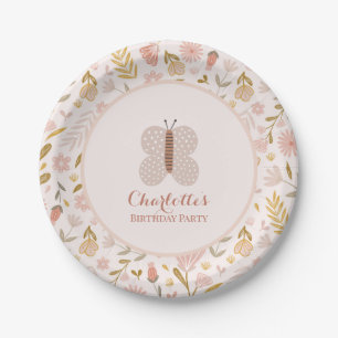 Girls Pink Gingham Wildflower Butterfly  Paper Pla Plate